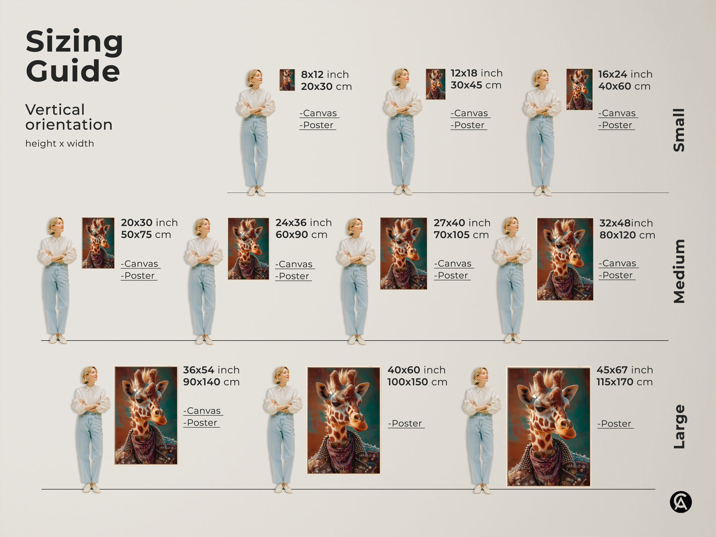 Sizing guide for punk giraffe art. Vertical orientation options suit various spaces. This canvas and poster come in sizes from small to large. Find the perfect fit for surreal animal art in teen rooms or man caves. This wildlife animal print looks great everywhere.