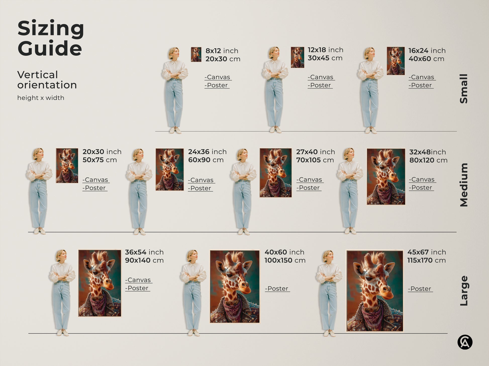 Sizing guide for punk giraffe art. Vertical orientation options suit various spaces. This canvas and poster come in sizes from small to large. Find the perfect fit for surreal animal art in teen rooms or man caves. This wildlife animal print looks great everywhere.