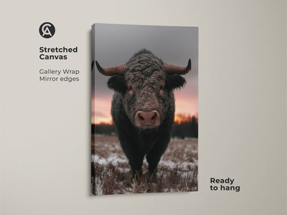 Stretched canvas featuring a photorealistic bull in a winter landscape. Ideal rustic farmhouse wall art with gallery wrap and mirror edges. Ready to hang wildlife animal print for bedroom wall decor. Brown gray pink art enhances any country home decor.
