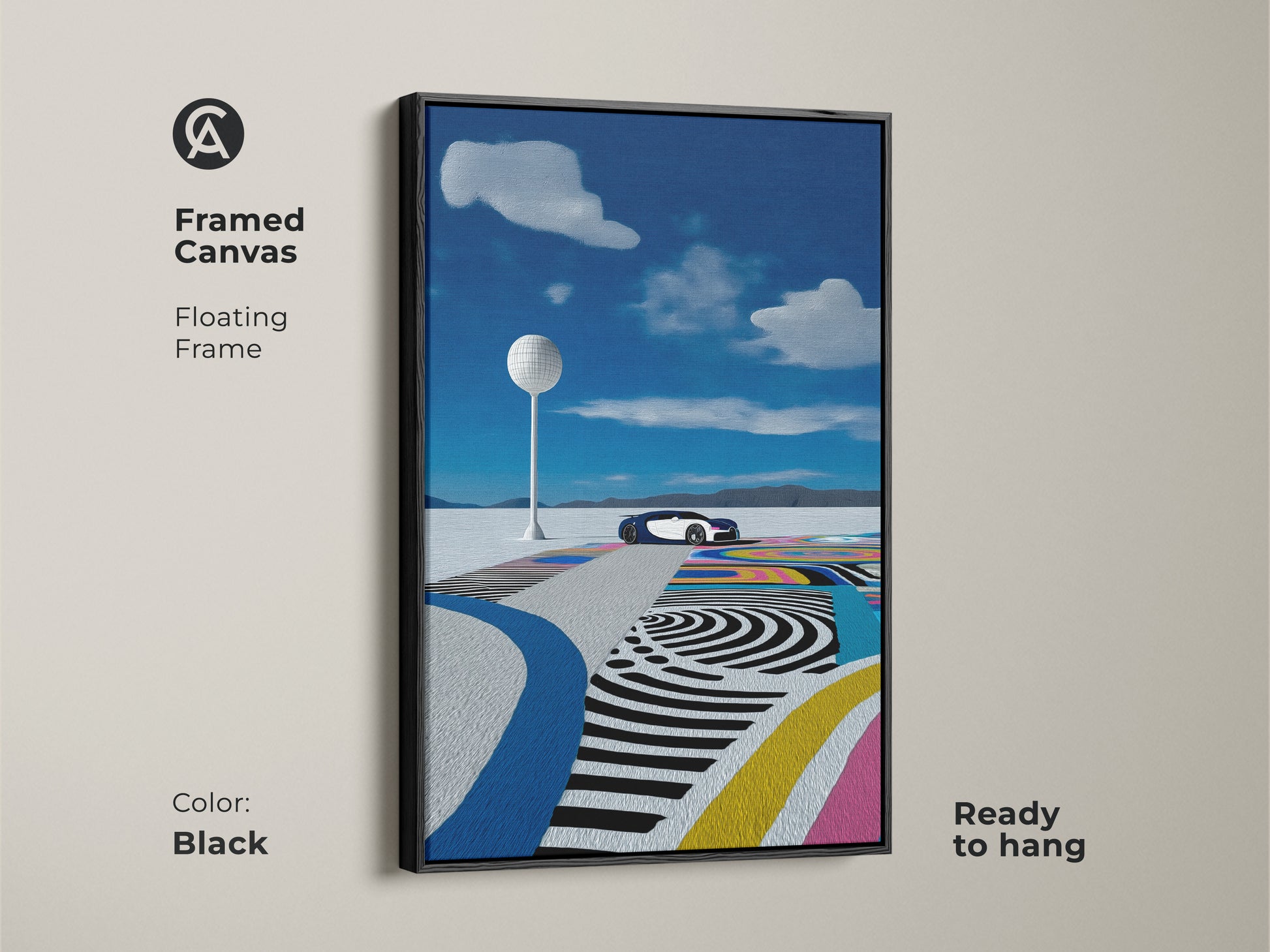 Framed canvas with a floating black frame showcasing a futuristic car in a surreal desert landscape. Electric blue and teal combine in this modern automotive artwork. Ready to hang for a modern office or den. Elevate your space with this unique wall decor.