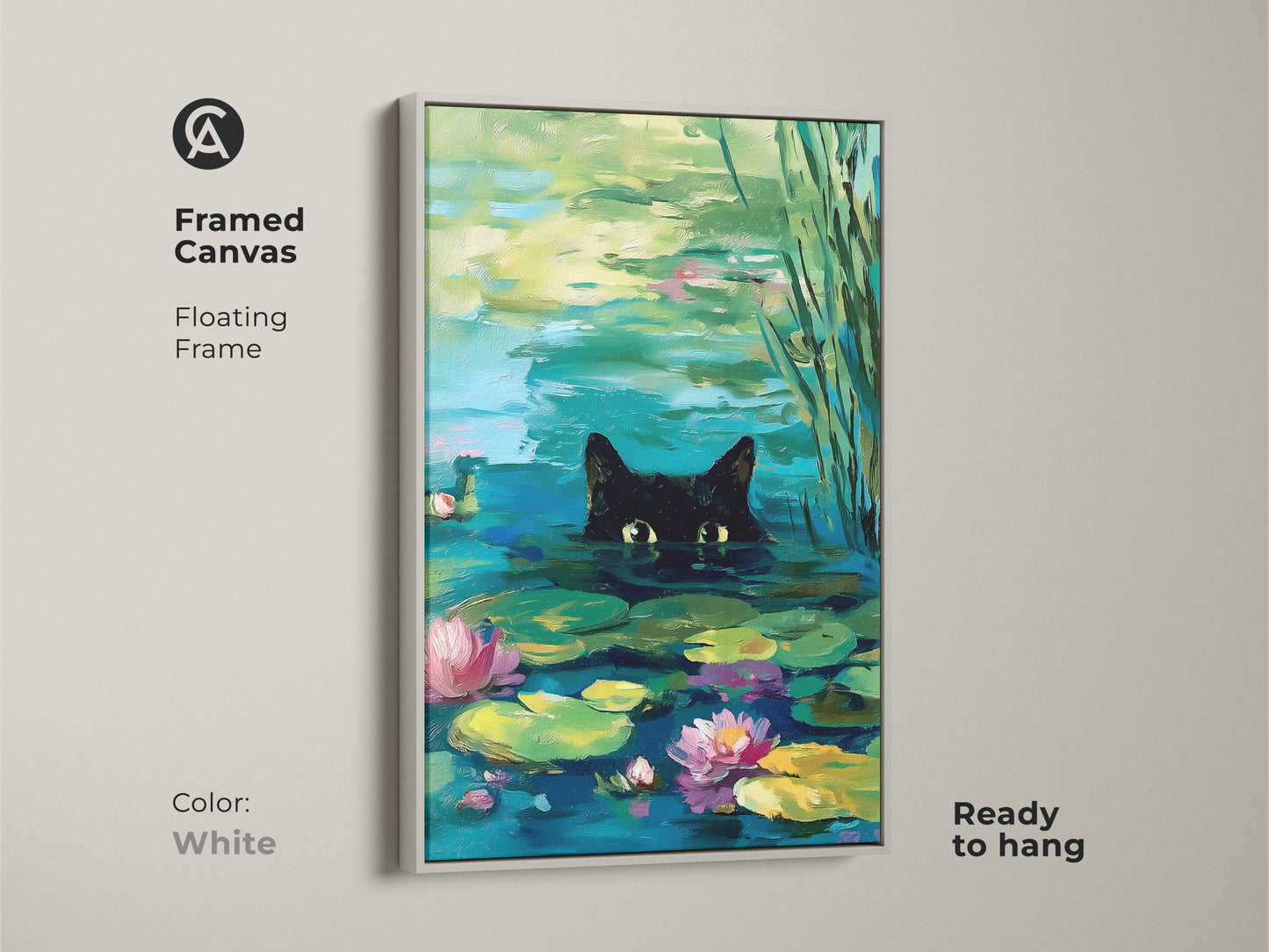 White framed canvas featuring a black cat in a pond. This floating framed art piece is ready to hang. The artwork showcases a cat surrounded by water lilies. This wall art adds a touch of modern style to your decor.