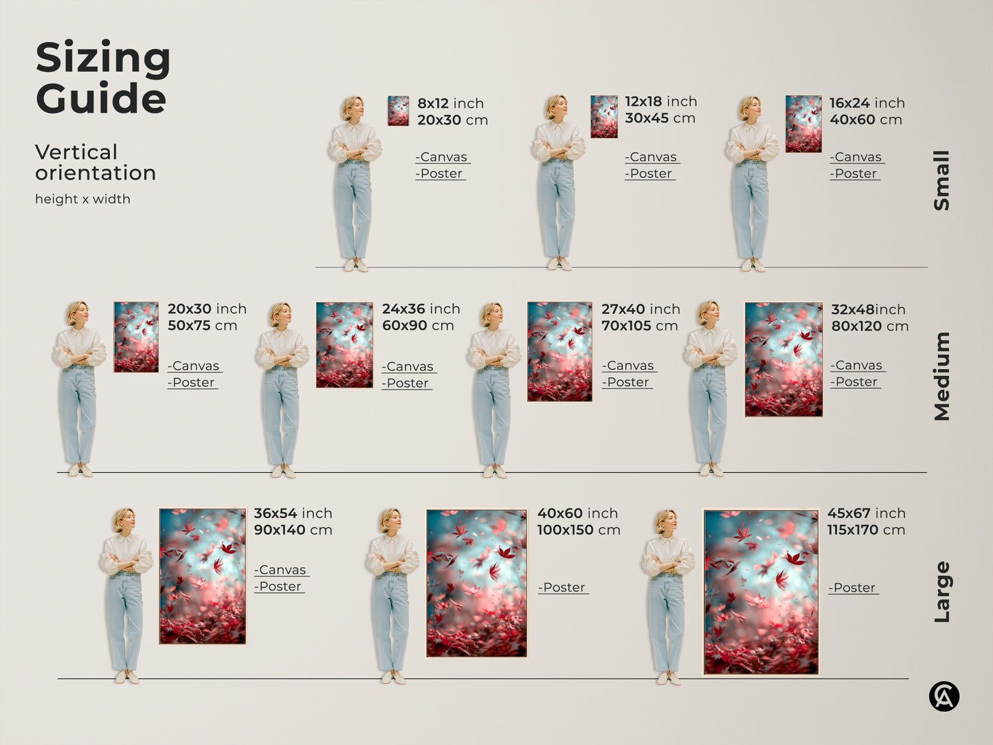 Explore the sizing guide for vertical canvas and poster art. Find the perfect fit for your space with options from small to large. Transform your walls with stunning art prints. Choose the ideal size to enhance your home decor.