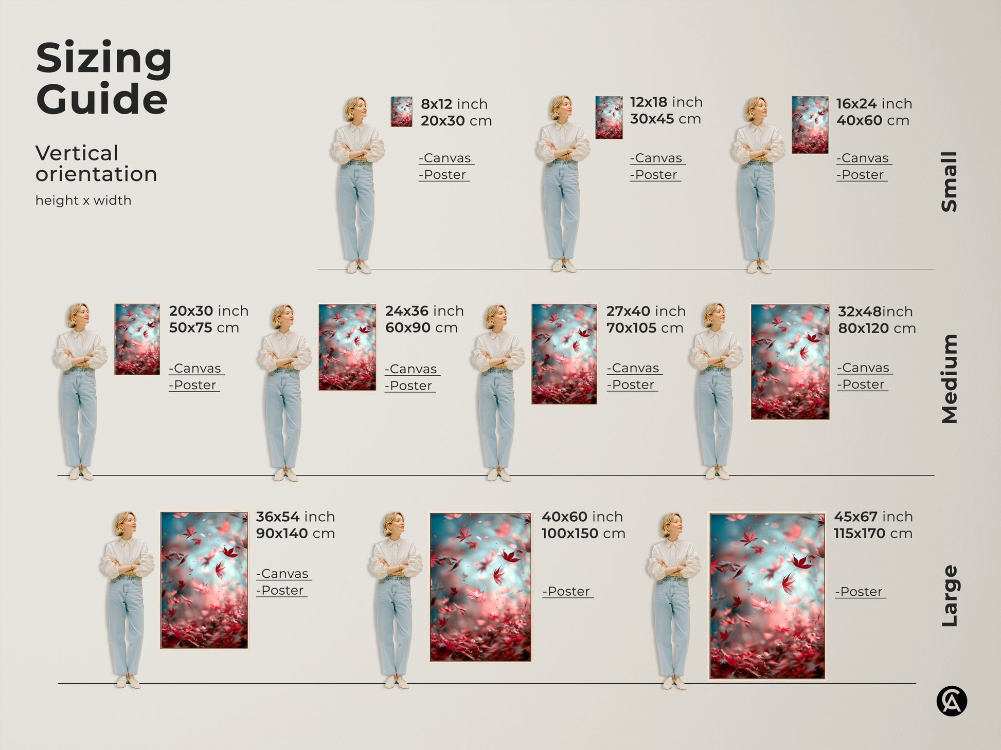 Explore the sizing guide for vertical canvas and poster art. Find the perfect fit for your space with options from small to large. Transform your walls with stunning art prints. Choose the ideal size to enhance your home decor.