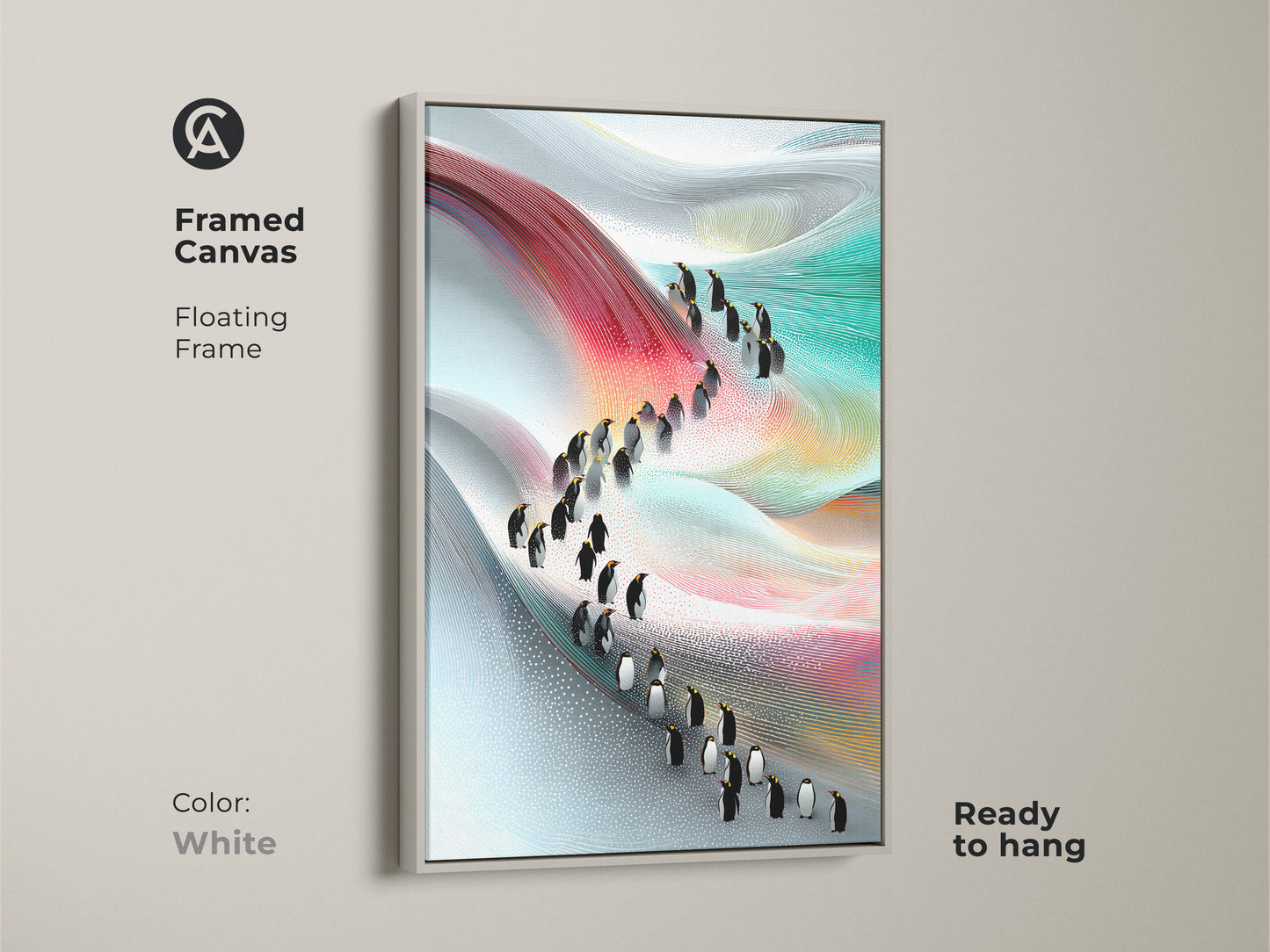 Framed canvas with a floating white frame featuring an abstract penguin painting. The contemporary artwork combines red blue and teal in a modern nature landscape. This animal artwork enhances any space with a fresh and elegant touch. The canvas is ready to hang.
