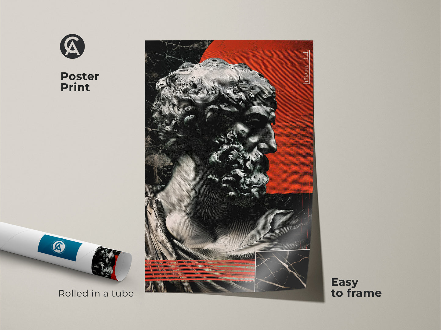 A poster print featuring red abstract sculpture wall art arrives rolled. The marble bust print offers contemporary classical art. Easy to frame eclectic artwork. Great art lover gift.