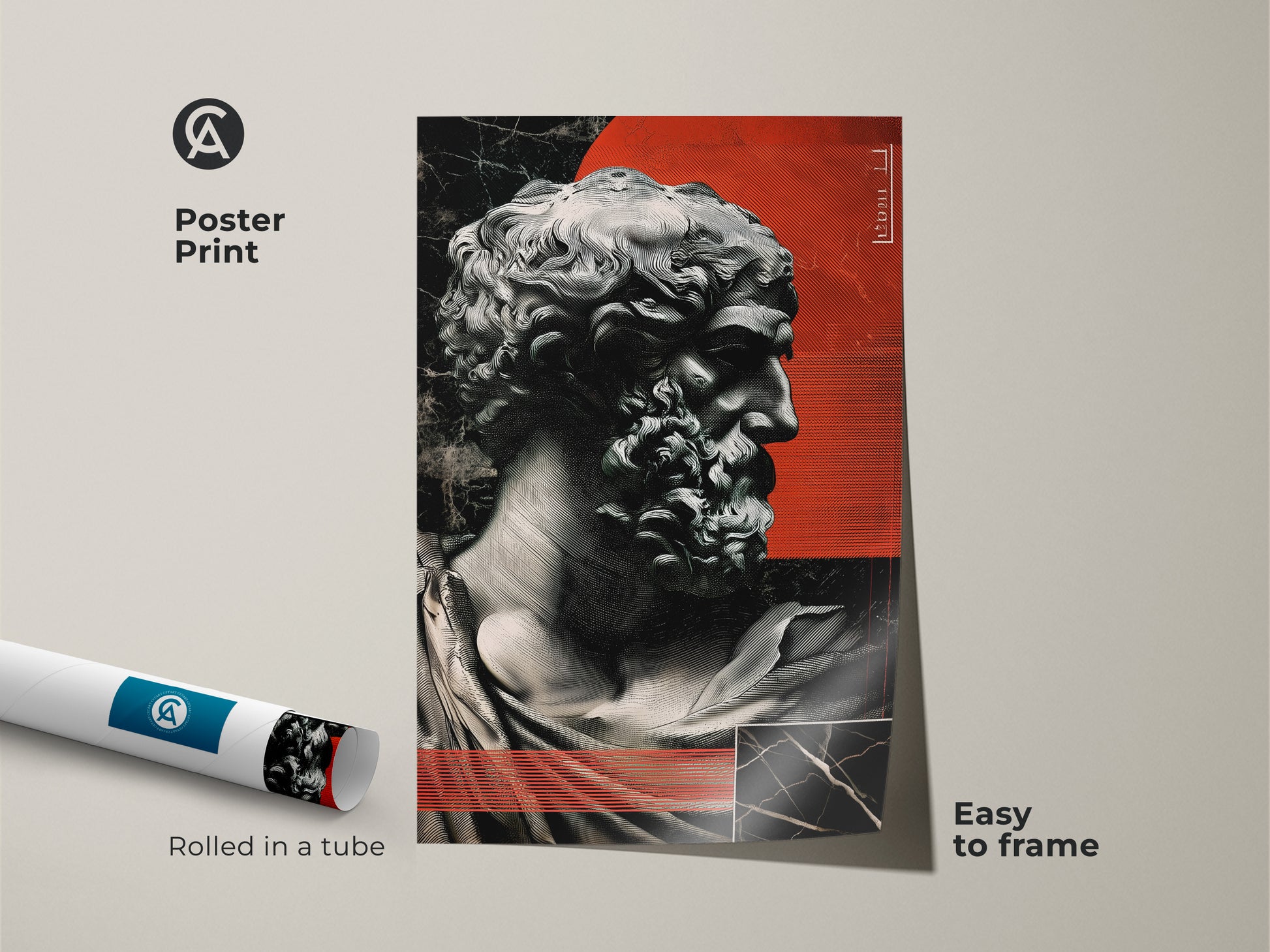 A poster print featuring red abstract sculpture wall art arrives rolled. The marble bust print offers contemporary classical art. Easy to frame eclectic artwork. Great art lover gift.