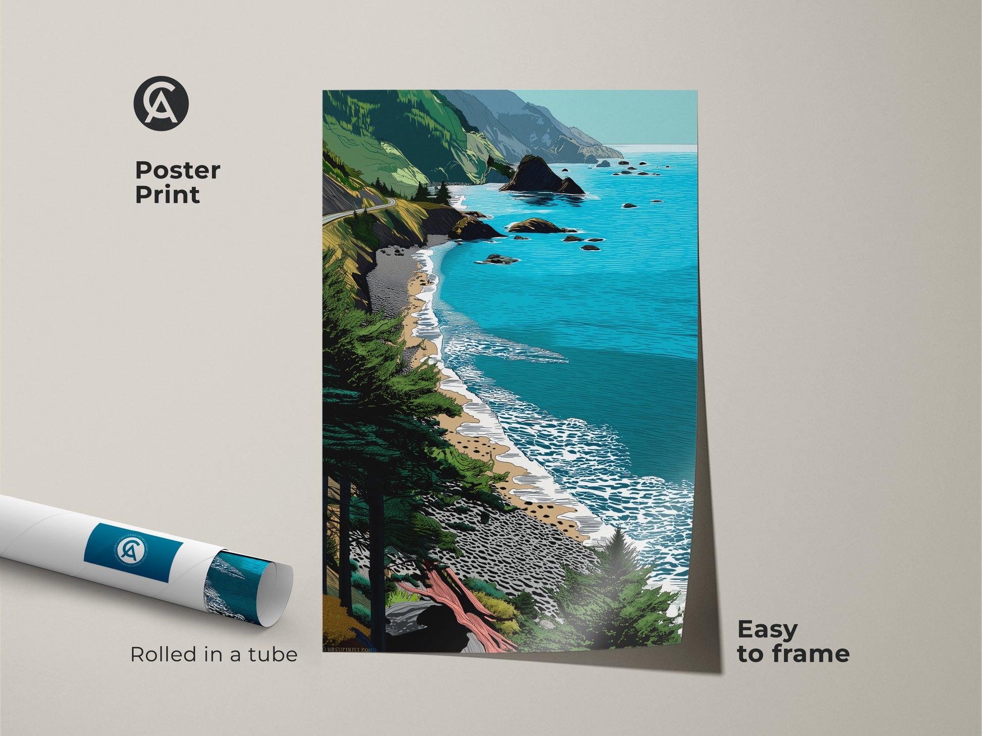 Poster print of a coastal landscape featuring a teal blue ocean beach. The rolled art print showcases green seaside nature scenery and is easy to frame. Perfect for those who love scenic coastal views and want to bring nature indoors.