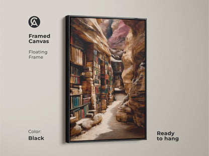 This framed canvas presents a canyon library art print. The black floating frame enhances the oil painting style. The traditional study decor makes it a great gift for book lovers. Showcasing realistic architecture ideal for a home office wall. This art creates a cozy reading nook.