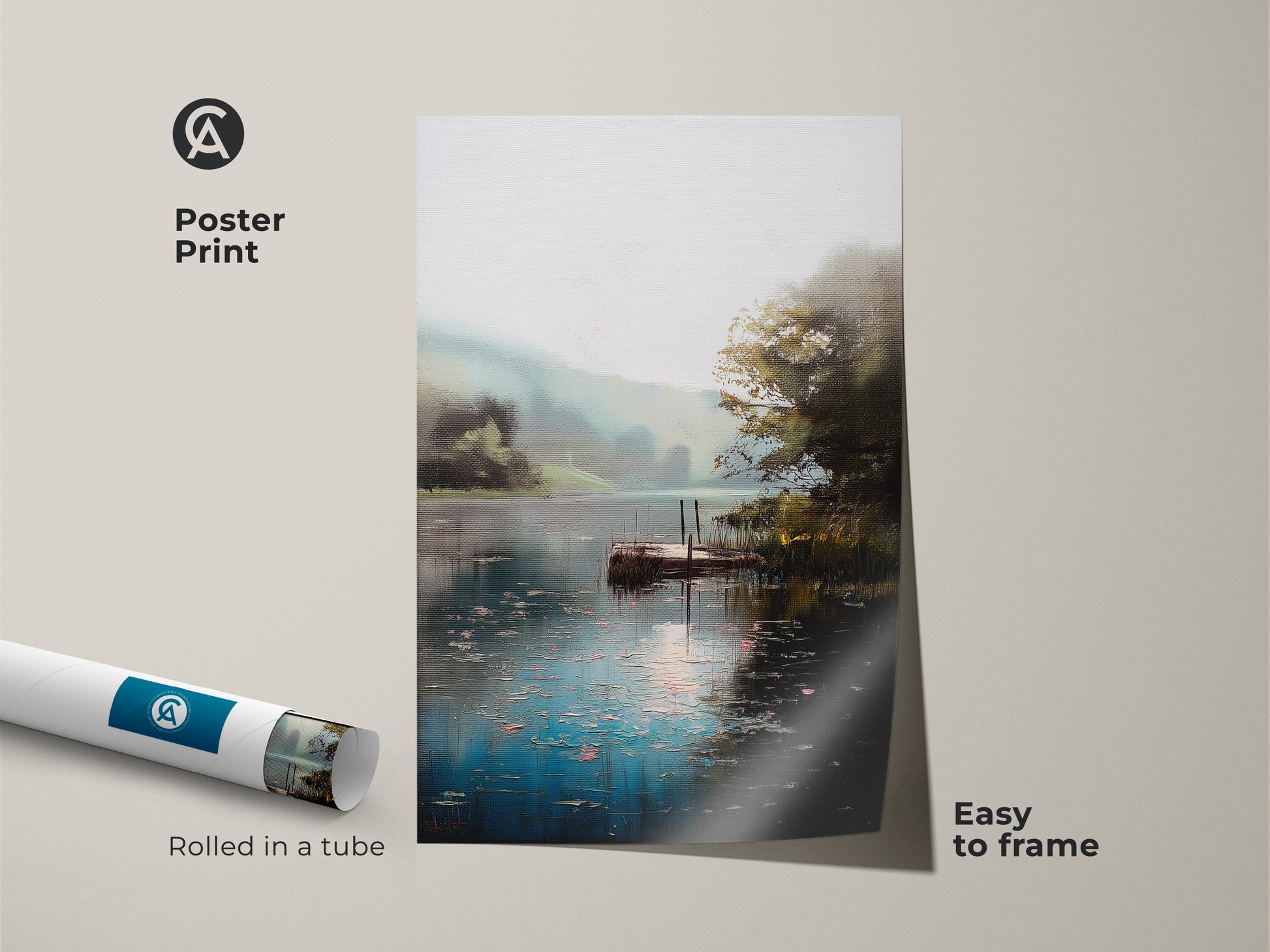 Poster print featuring an impressionist lake landscape with a rustic dock. The teal green water evokes a sense of natural peace. Easy to frame this nature art brings a serene outdoor scene indoors. Rolled in a tube this print is perfect for adding a touch of countryside charm to your home.