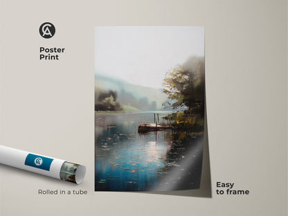 Poster print featuring an impressionist lake landscape with a rustic dock. The teal green water evokes a sense of natural peace. Easy to frame this nature art brings a serene outdoor scene indoors. Rolled in a tube this print is perfect for adding a touch of countryside charm to your home.