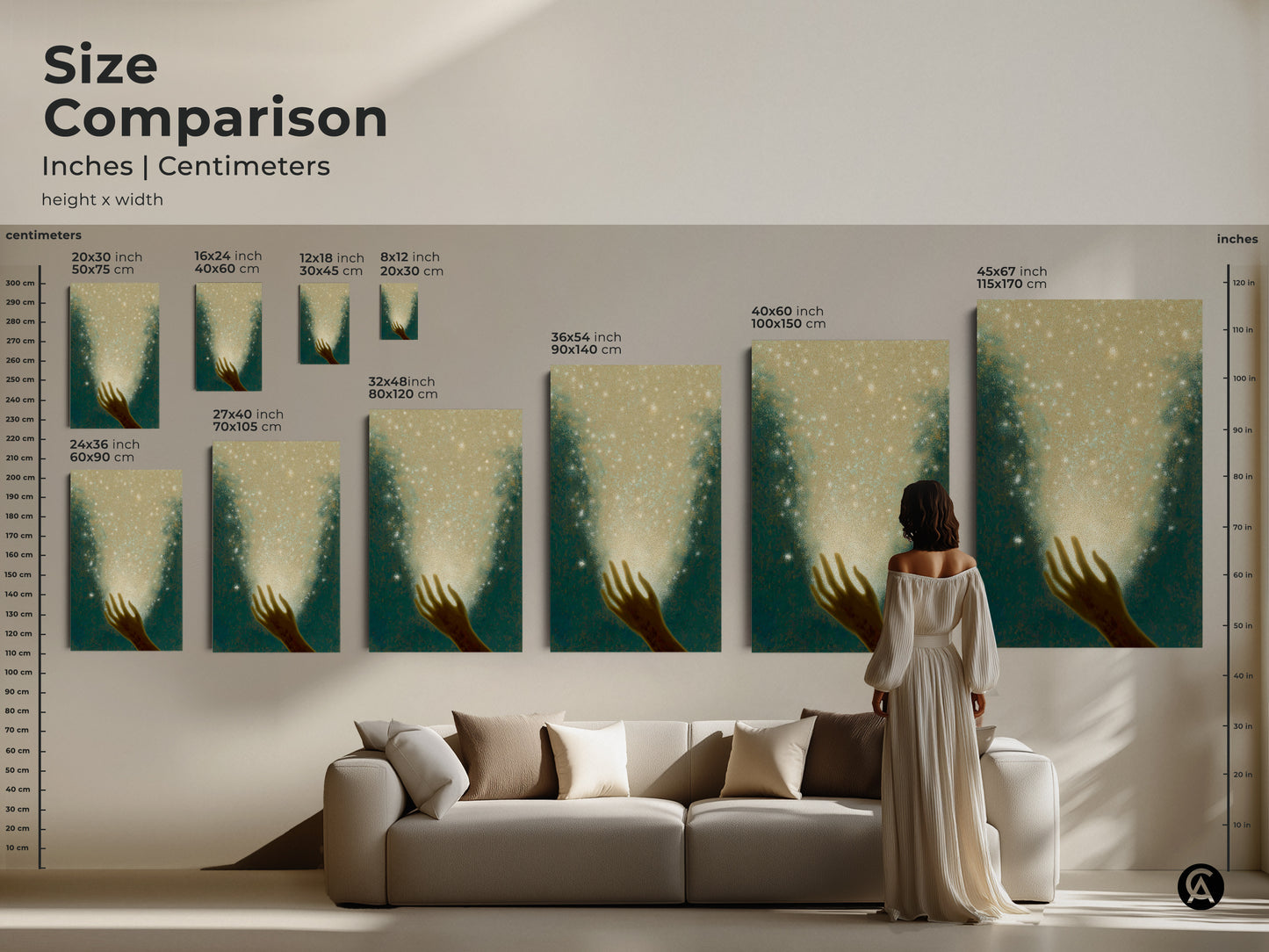 Find serenity in spiritual abstract wall art. The gold teal ethereal canvas print offers dreamy stars. It is ideal boho bedroom decor for celestial fantasy