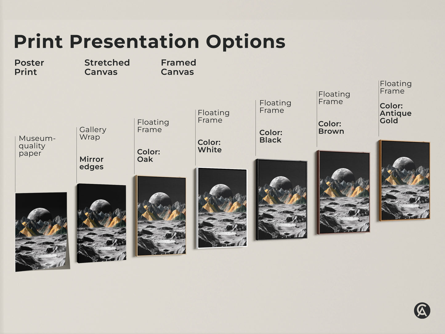 Explore print presentation options for surreal moon landscape art. Choose from poster stretched canvas or framed canvas. Options include gallery wrap and floating frames in various colors. Perfect for creating a unique space theme print. It is a stunning addition to any study room decor.