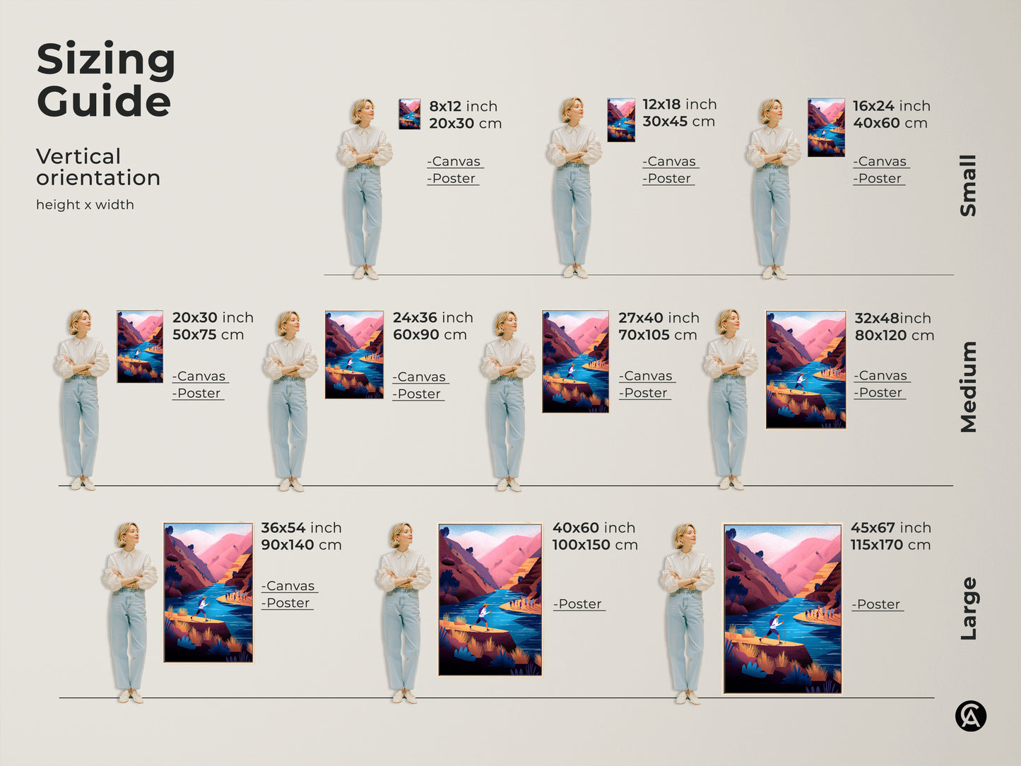 Sizing guide for vertical orientation of adventure river landscape art. See the canvas and poster sizes. Sizes range from small medium and large. The contemporary teal pink mountain scene canvas is a great gift for hikers and outdoor enthusiasts.