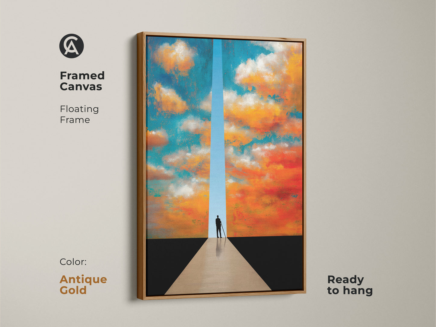Framed canvas art with a floating antique gold frame. This surreal cloudscape art adds inspiration to your home. The artistic silhouette art is a unique home decor print.