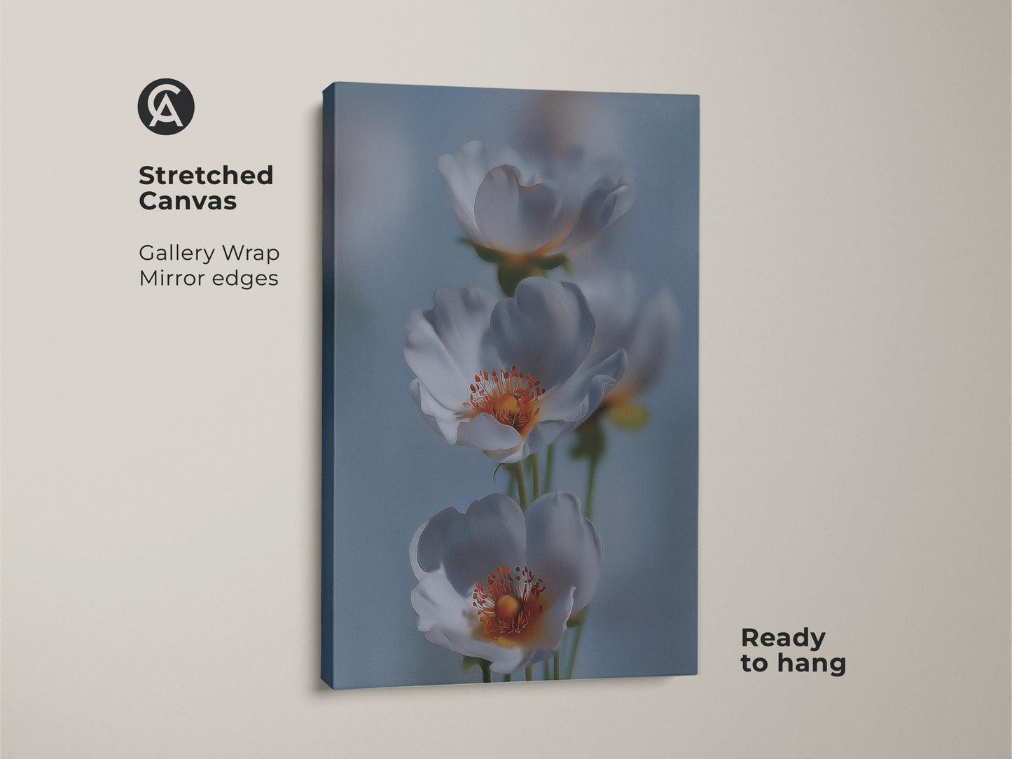 Delicate white flower art print on stretched canvas. This soft focus botanical wall art brings a gentle touch to your space. Light blue floral canvas enhances Scandinavian home decor. The minimalist bedroom wall art is ready to hang. It's a perfect housewarming gift with nature inspired artwork.