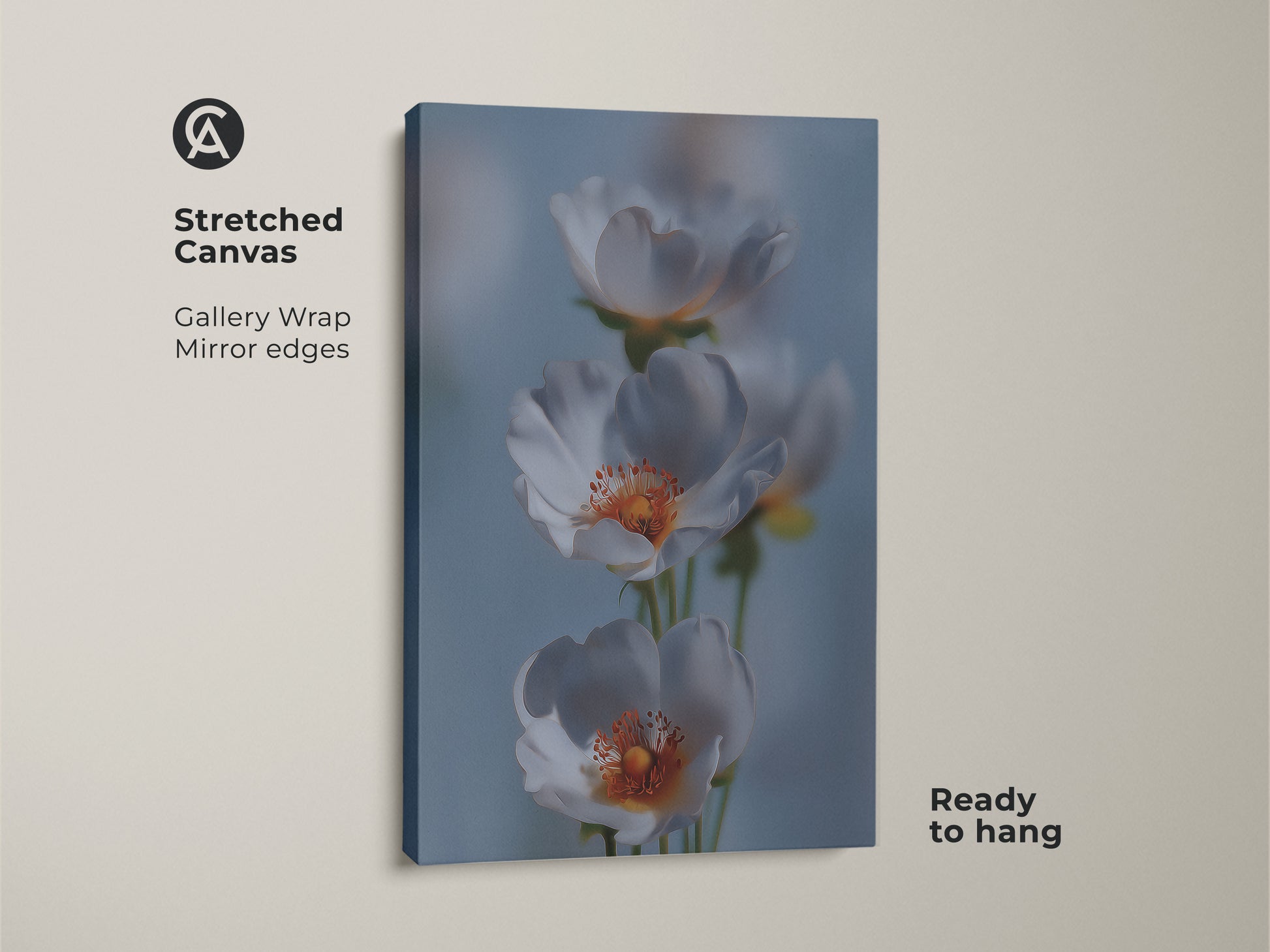 Delicate white flower art print on stretched canvas. This soft focus botanical wall art brings a gentle touch to your space. Light blue floral canvas enhances Scandinavian home decor. The minimalist bedroom wall art is ready to hang. It's a perfect housewarming gift with nature inspired artwork.