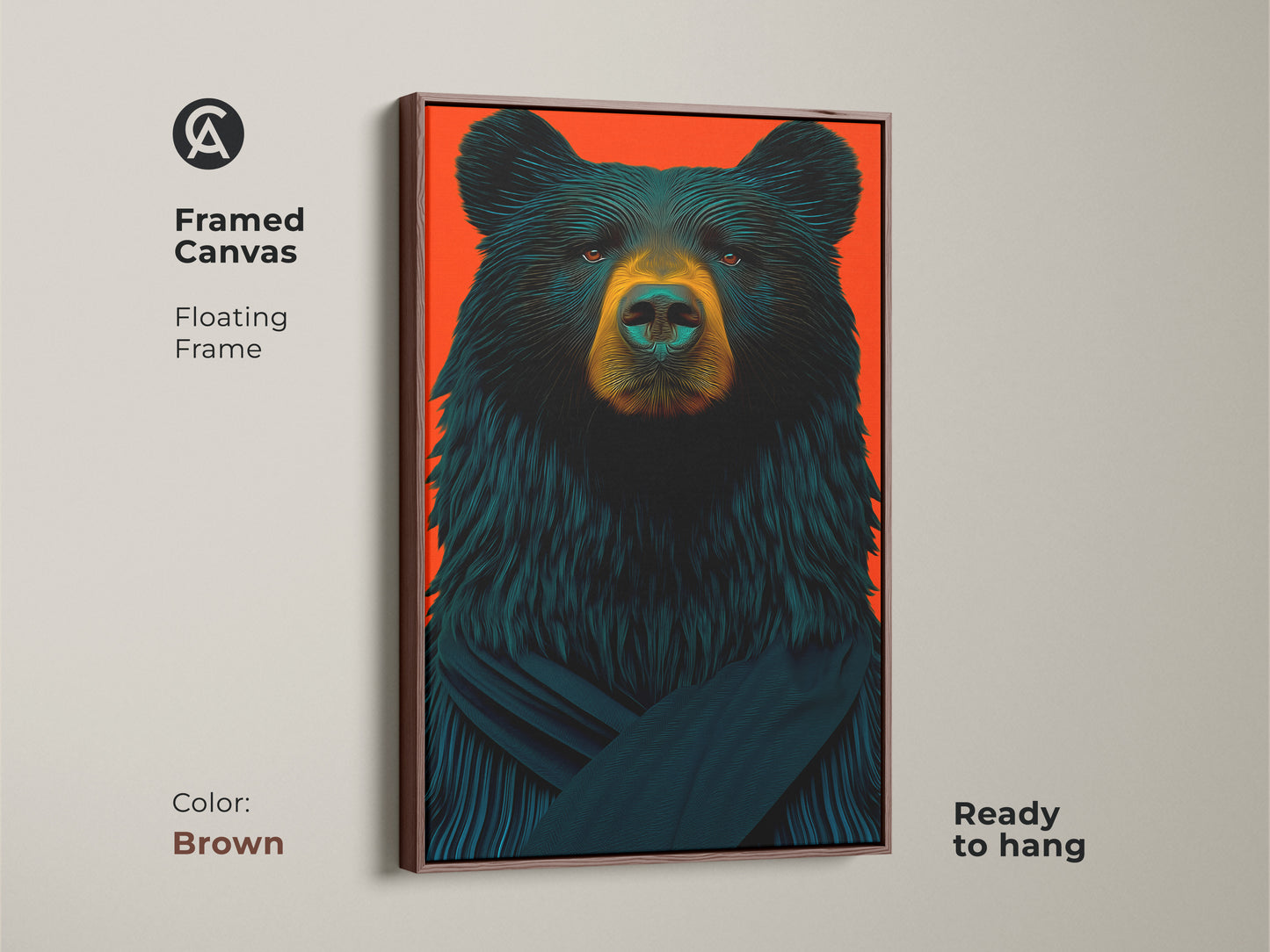 This framed canvas art showcases a black bear portrait with an orange background set in a floating brown frame. A perfect piece of animal artwork for adding a modern touch to your space.
