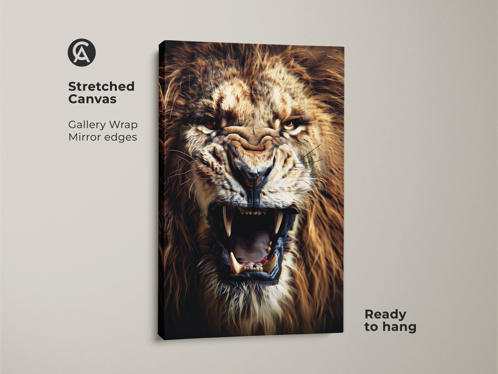 Close-up of a stretched canvas featuring a roaring lion. This gallery-wrapped canvas art has mirror edges and is ready to hang. The fierce animal artwork captures the raw power of the King of the Jungle. It's a bold piece of wildlife decor.