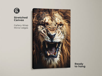 Close-up of a stretched canvas featuring a roaring lion. This gallery-wrapped canvas art has mirror edges and is ready to hang. The fierce animal artwork captures the raw power of the King of the Jungle. It's a bold piece of wildlife decor.