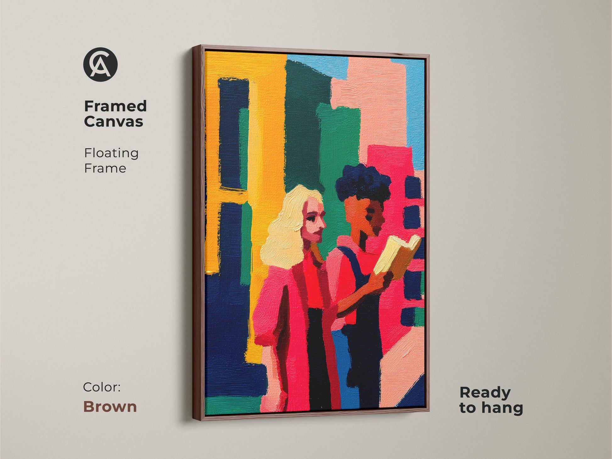 Framed canvas showcasing abstract figurative people reading. It has a floating frame. The frame color is brown and the artwork is ready to hang. This contemporary yellow pink green art makes a unique wall hanging gift.