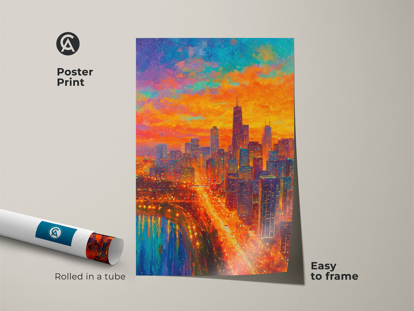 This Chicago skyline poster print arrives rolled in a tube. It is easy to frame and display. The colorful cityscape art adds a modern touch. The sunset hues bring warmth to any space. Perfect for art lovers