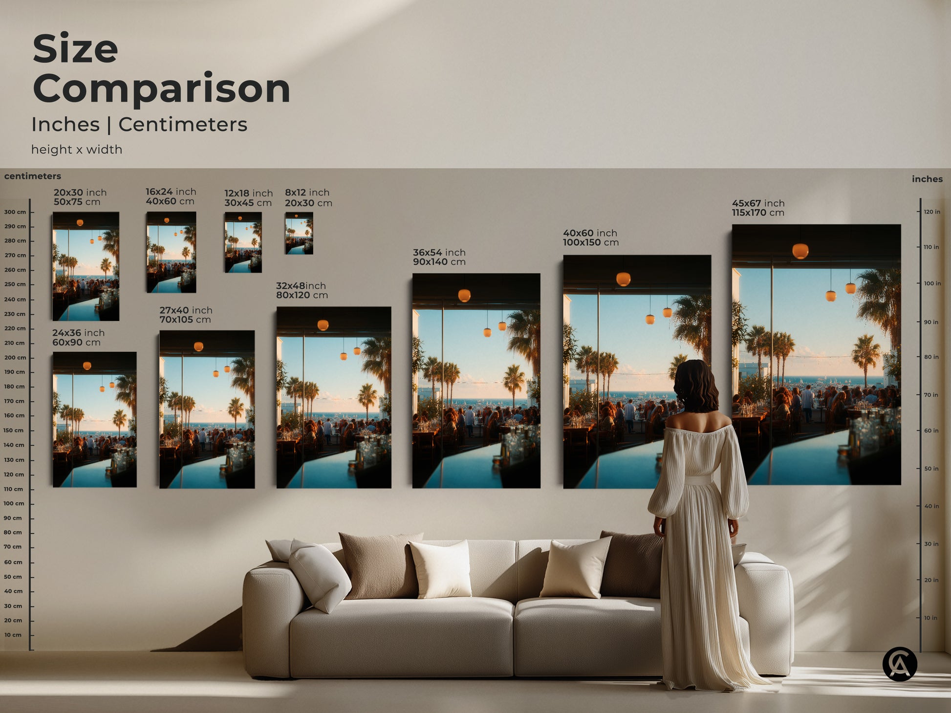 Size comparison of coastal restaurant scene artwork. See how each size complements your living space. Artwork options include canvas and poster prints. Find the perfect dimensions to enhance your decor. Transform your home with stunning art today.
