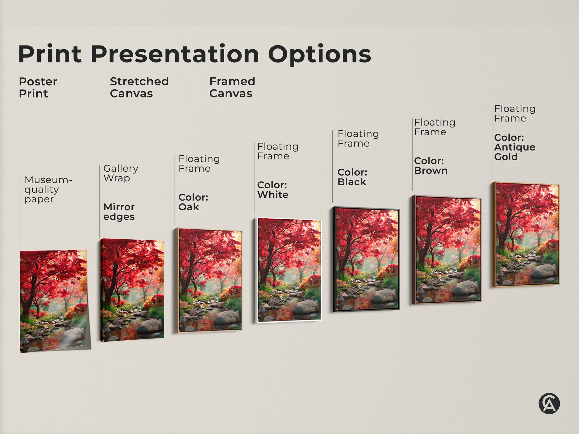 Explore print presentation options for our forest stream artwork. Choose from poster prints stretched canvas and framed canvas. Each option highlights the vibrant red trees and serene landscape. Find the perfect style for your home.