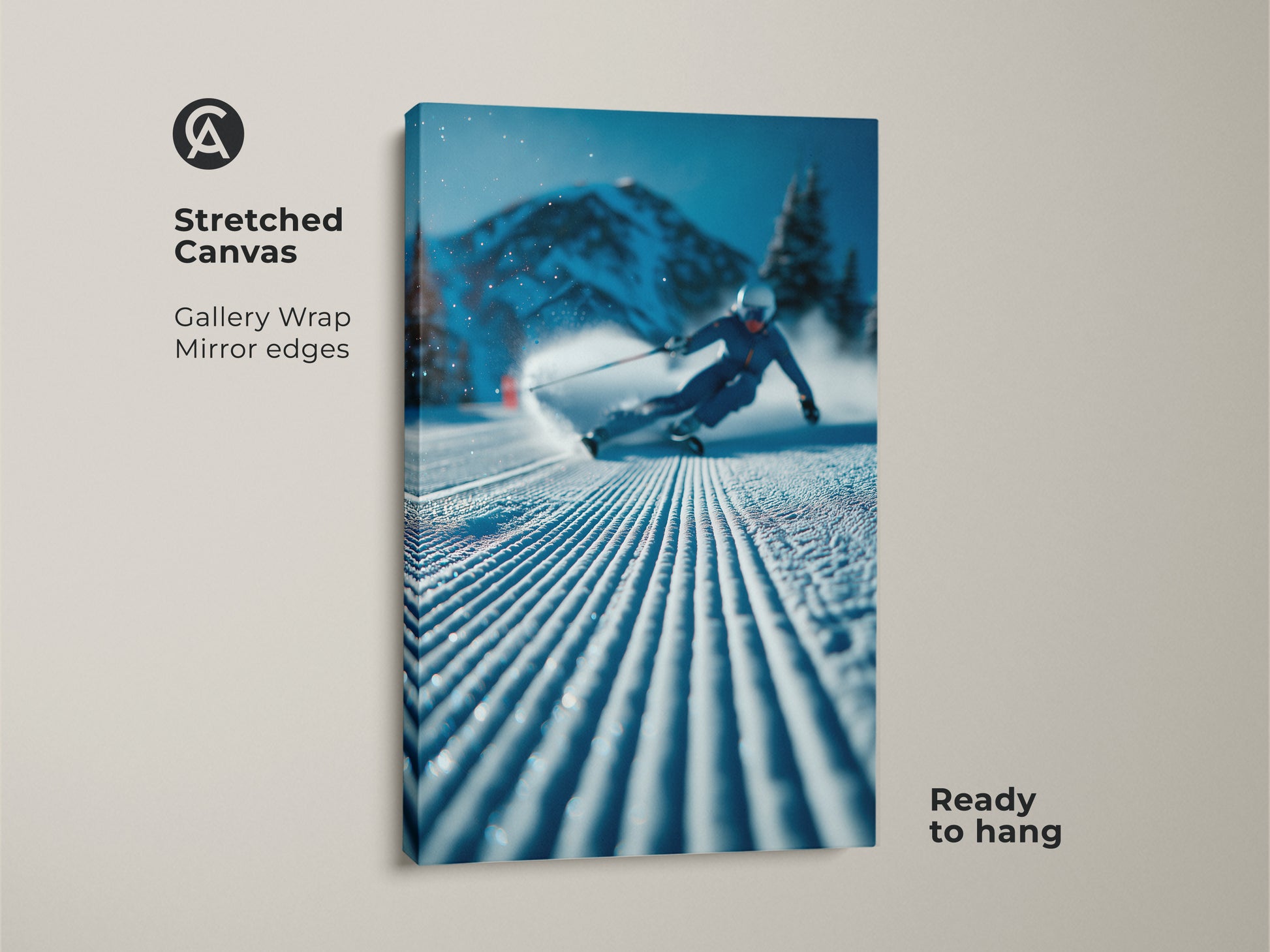 Stretched canvas art print featuring a skier in action against a stunning mountain backdrop. Gallery-wrapped with mirrored edges this piece adds depth and sophistication to any room. Ready-to-hang it's a hassle-free way to bring the thrill of skiing into your home decor.