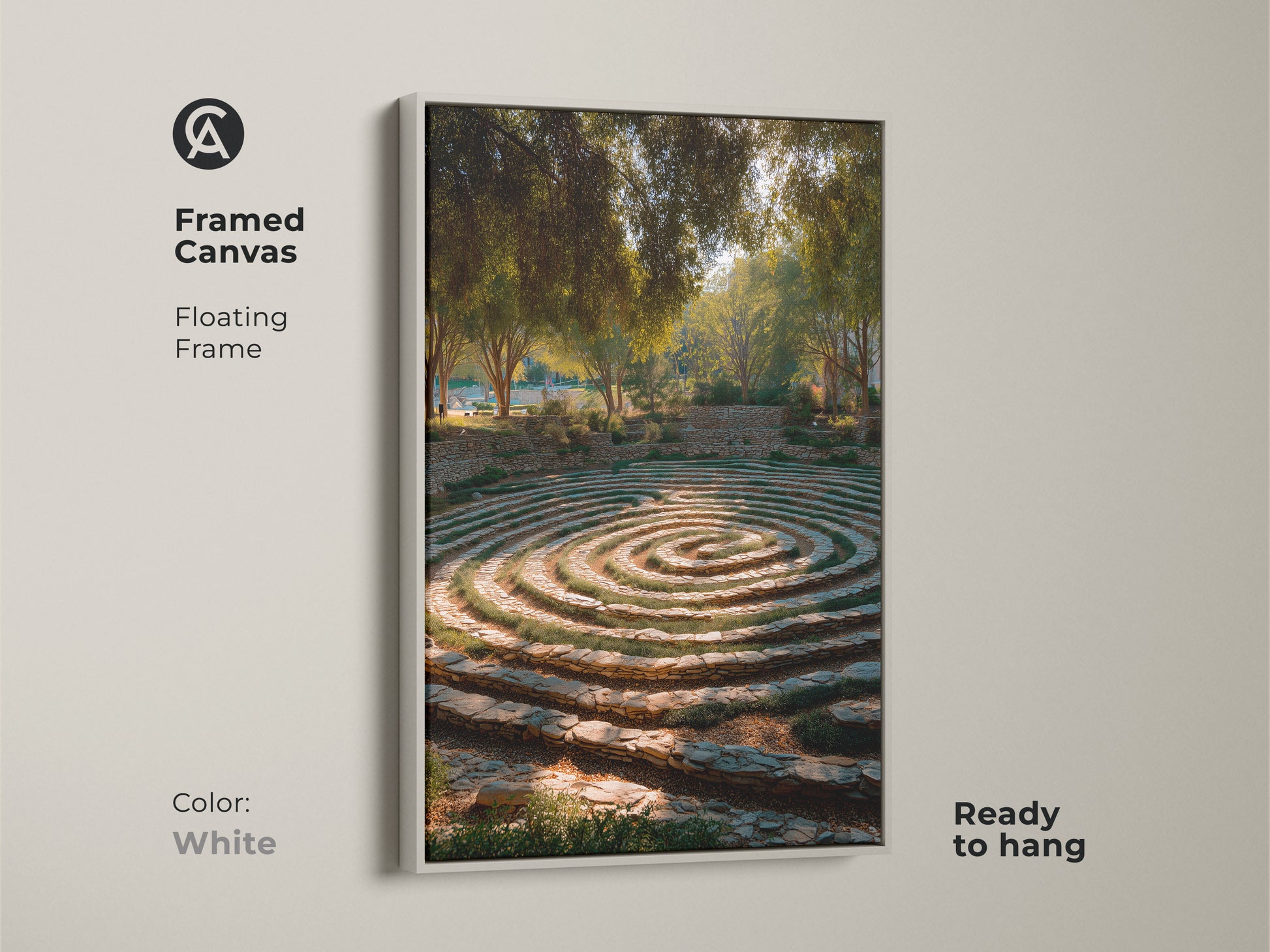 Framed canvas featuring a garden maze with stone steps in a floating white frame. This biophilic artwork enhances any interior. The gold brown and green tones create a tranquil ambiance. The print is ready to hang enhancing a residential space with natural elegance.