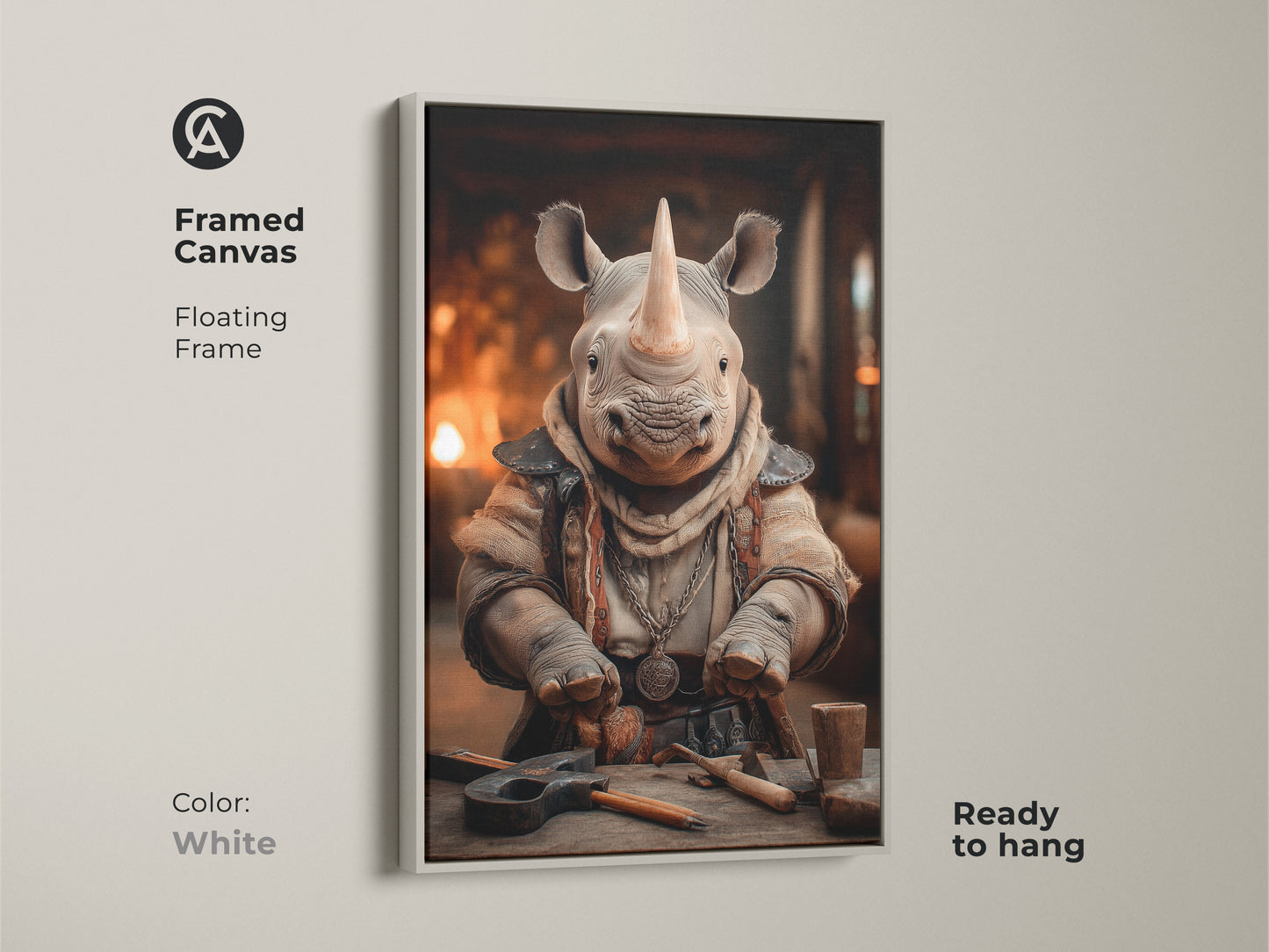 A framed canvas print showcasing a fantasy rhino character. The artwork is displayed in a floating white frame. This Tan and orange art adds an eclectic touch to any office or home. A great gift for animal lovers. This ready to hang art enhances decor with a fresh modern touch.