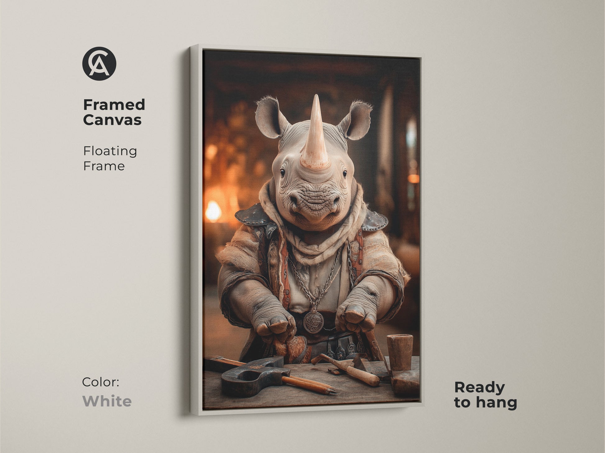 A framed canvas print showcasing a fantasy rhino character. The artwork is displayed in a floating white frame. This Tan and orange art adds an eclectic touch to any office or home. A great gift for animal lovers. This ready to hang art enhances decor with a fresh modern touch.