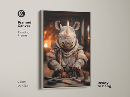 A framed canvas print showcasing a fantasy rhino character. The artwork is displayed in a floating white frame. This Tan and orange art adds an eclectic touch to any office or home. A great gift for animal lovers. This ready to hang art enhances decor with a fresh modern touch.