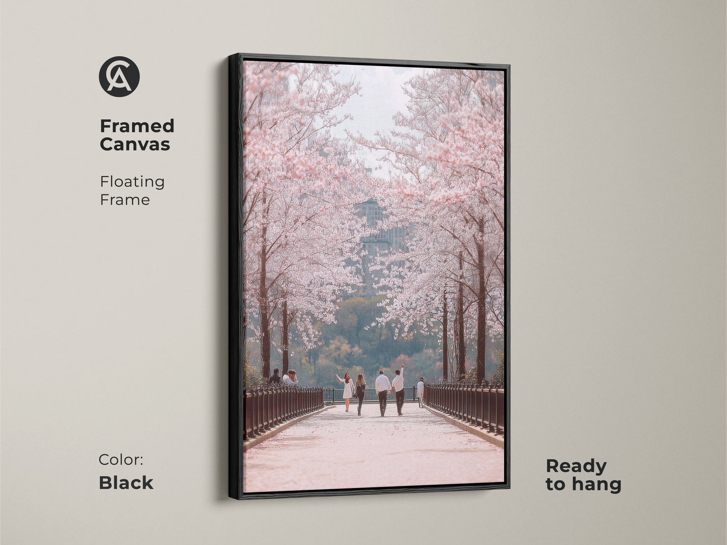 Enhance your space with this framed canvas art. A black floating frame highlights a couple walking under cherry blossoms. This contemporary nature art adds elegance to any room. Ready to hang this romantic spring scene brings seasonal beauty to your home.