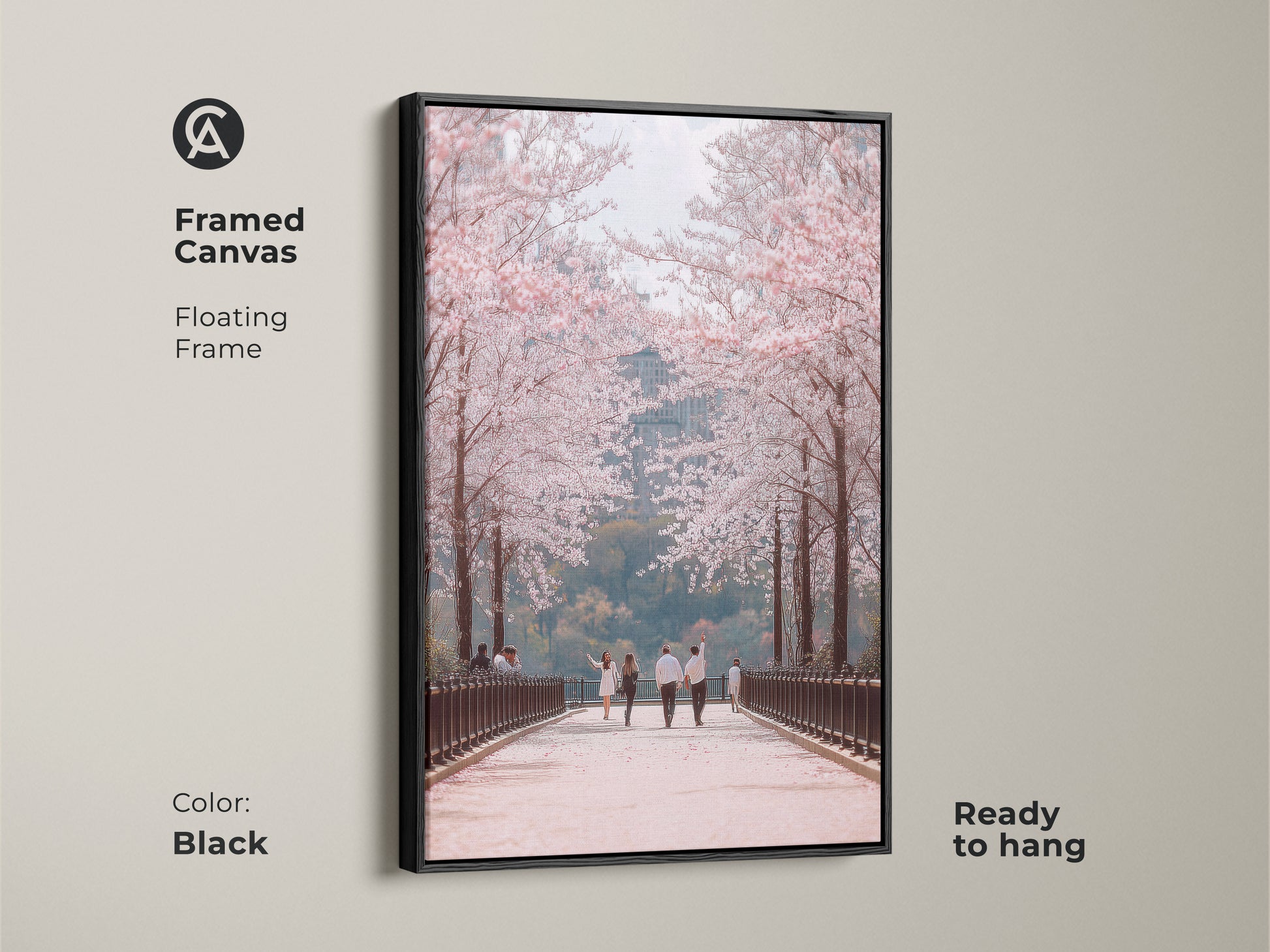 Enhance your space with this framed canvas art. A black floating frame highlights a couple walking under cherry blossoms. This contemporary nature art adds elegance to any room. Ready to hang this romantic spring scene brings seasonal beauty to your home.