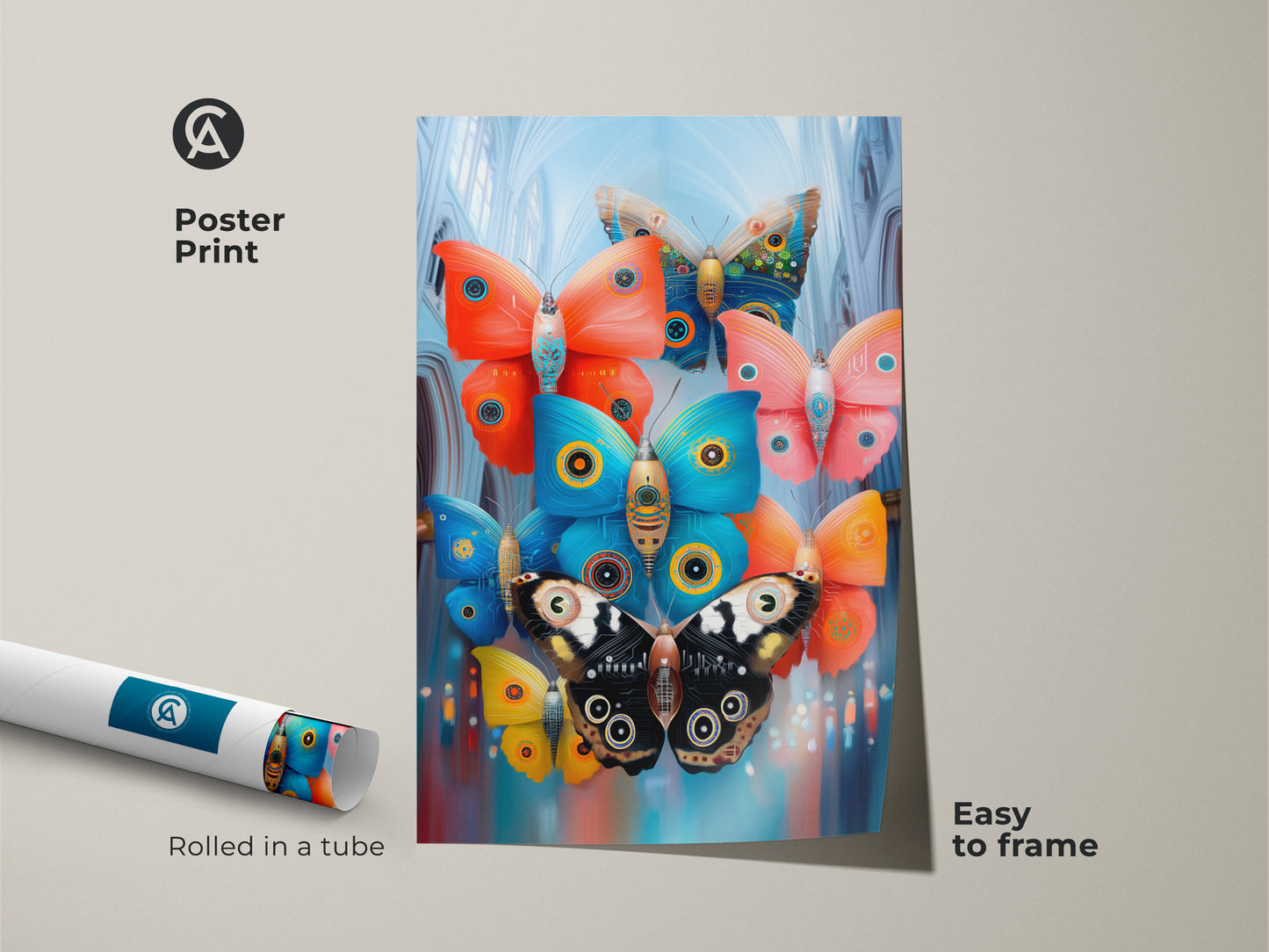 Poster print showcases surreal mechanical butterfly artwork rolled in a tube. The ornate wings and teal orange blue abstract pattern add eclectic charm. This insect art is easy to frame and display.