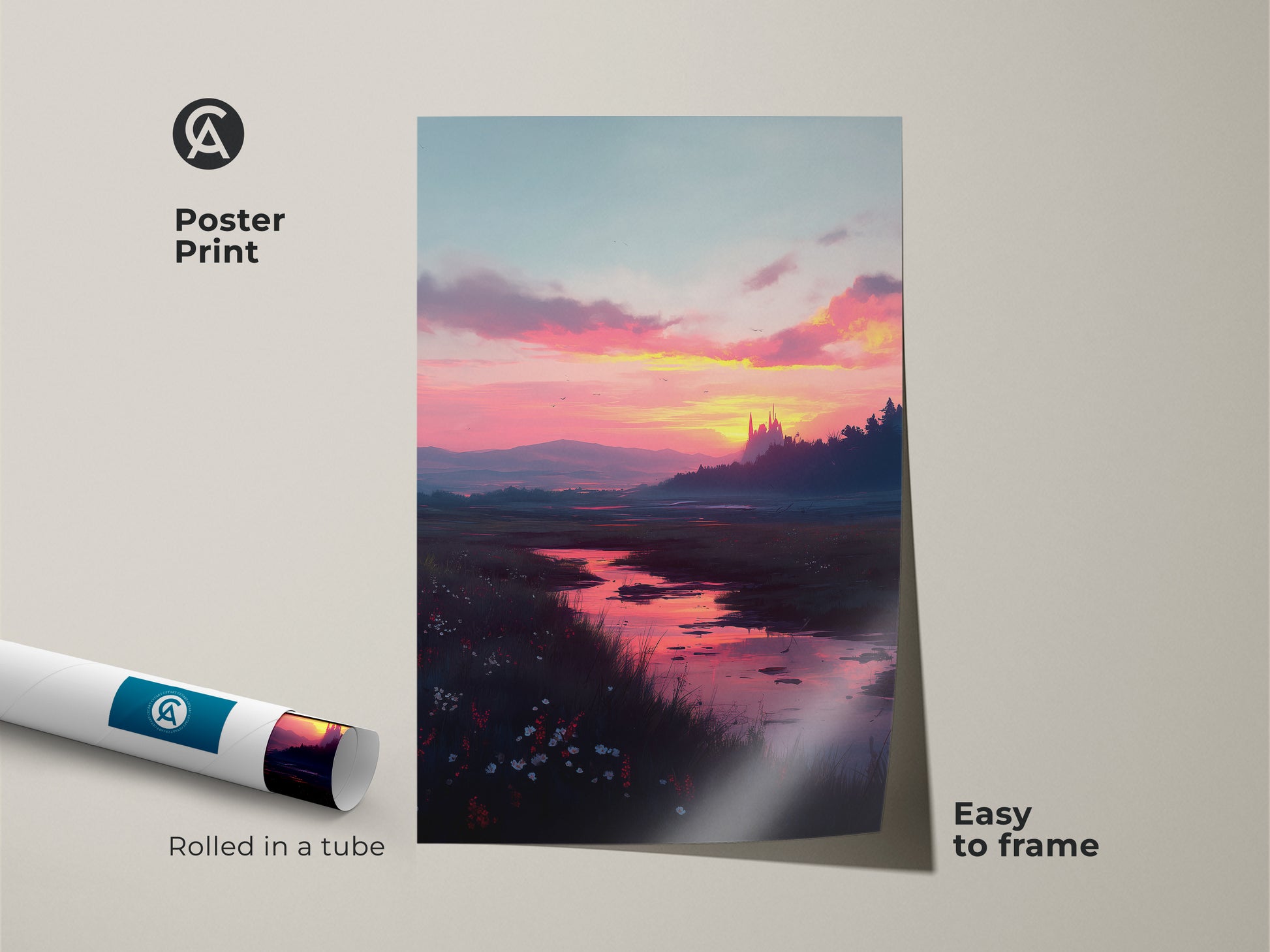 Poster print of a sunset river landscape art. This museum-quality paper print arrives rolled in a tube. It is easy to frame and display. The artwork captures a scenic river with a castle in the background during sunset.