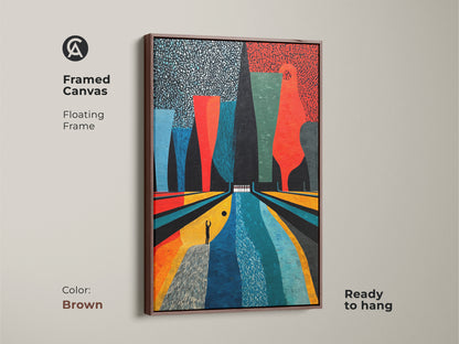 The framed canvas displays abstract bowling art. A brown floating frame enhances the Mid-Century Modern artwork. The Orange Yellow and Teal colors add a retro charm. This ready to hang piece uniquely enhances any game room or entertainment area. It is a perfect gift for bowling enthusiasts.