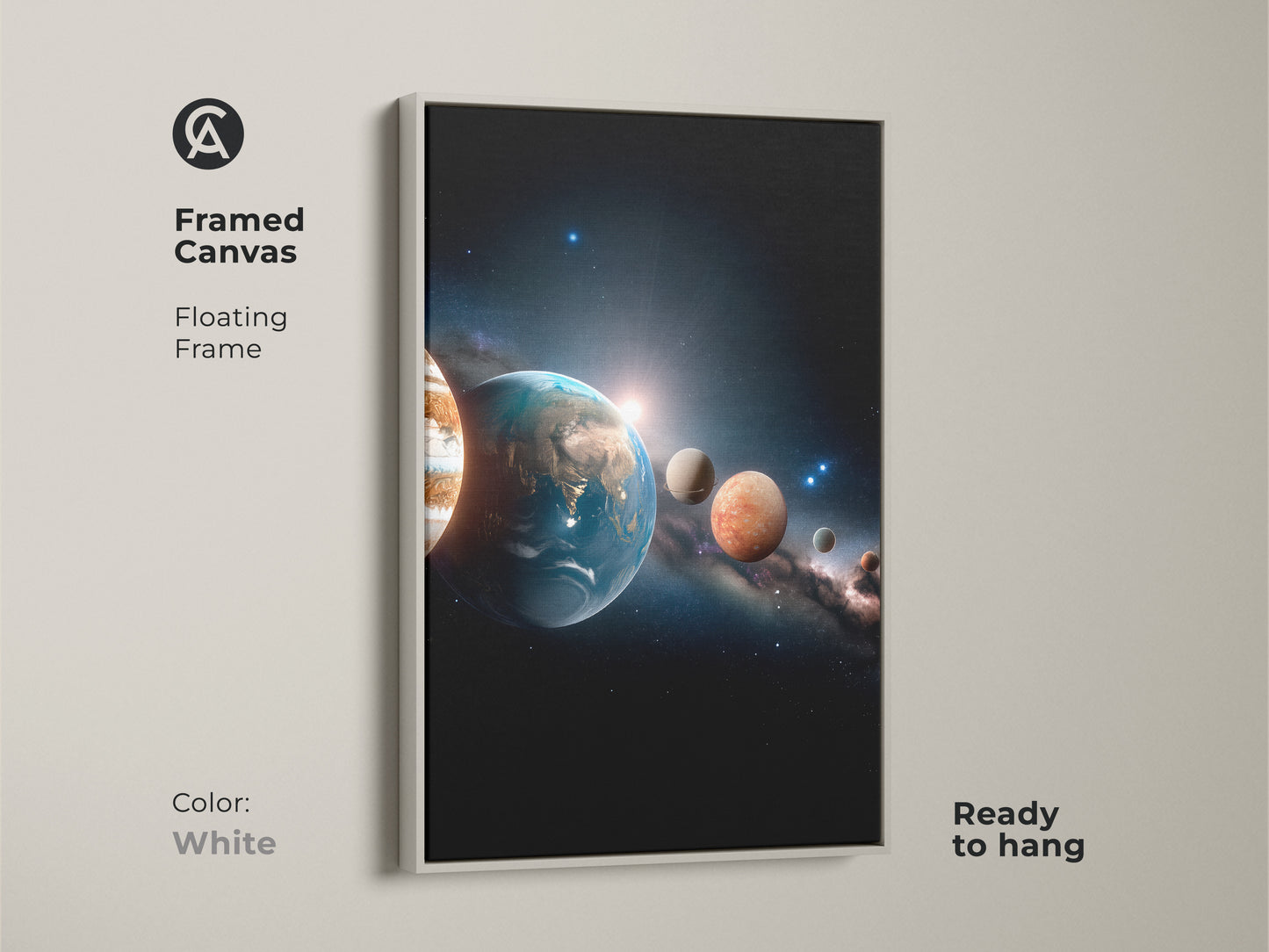 Framed canvas print of a solar system artwork. The floating frame is in a clean white finish. This ready-to-hang artwork brings a fresh and modern look to any space. Perfect for contemporary homes.