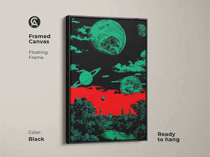 Black framed canvas art print showcasing a retro futurism surreal space cityscape. The artwork features planets and Saturn above a cityscape. The color scheme includes red green and black shades. This cool office decor is ready to hang and adds an eclectic touch.
