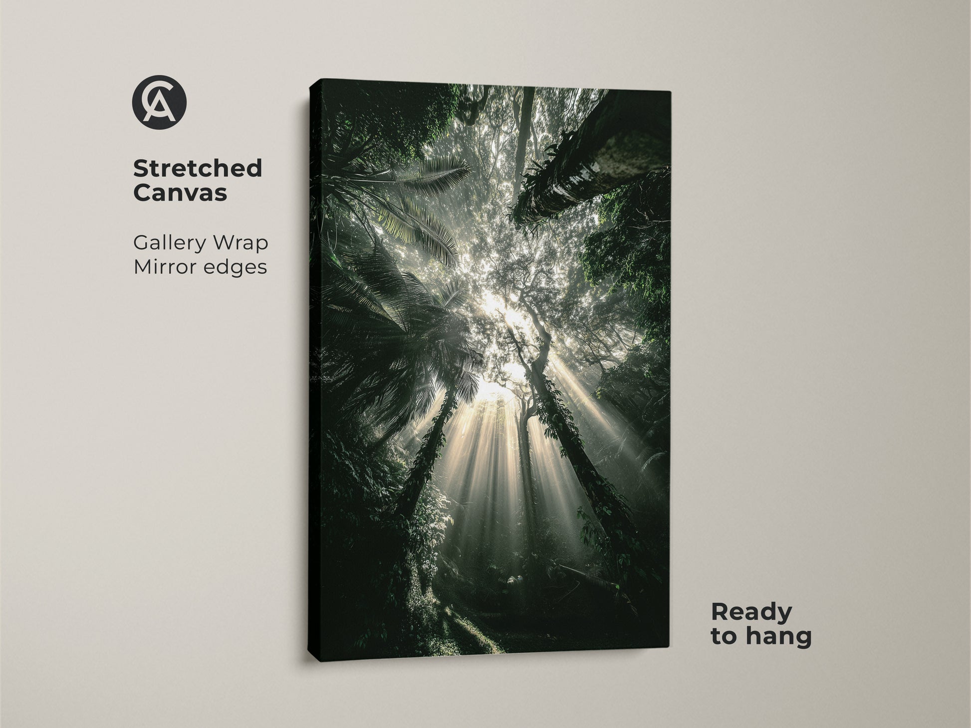 Stretched canvas of a sunbeam tropical foliage artwork. The deep green nature art print is ready to hang. Gallery wrapped with mirror edges. This photorealistic forest scene enhances boho bedroom decor.