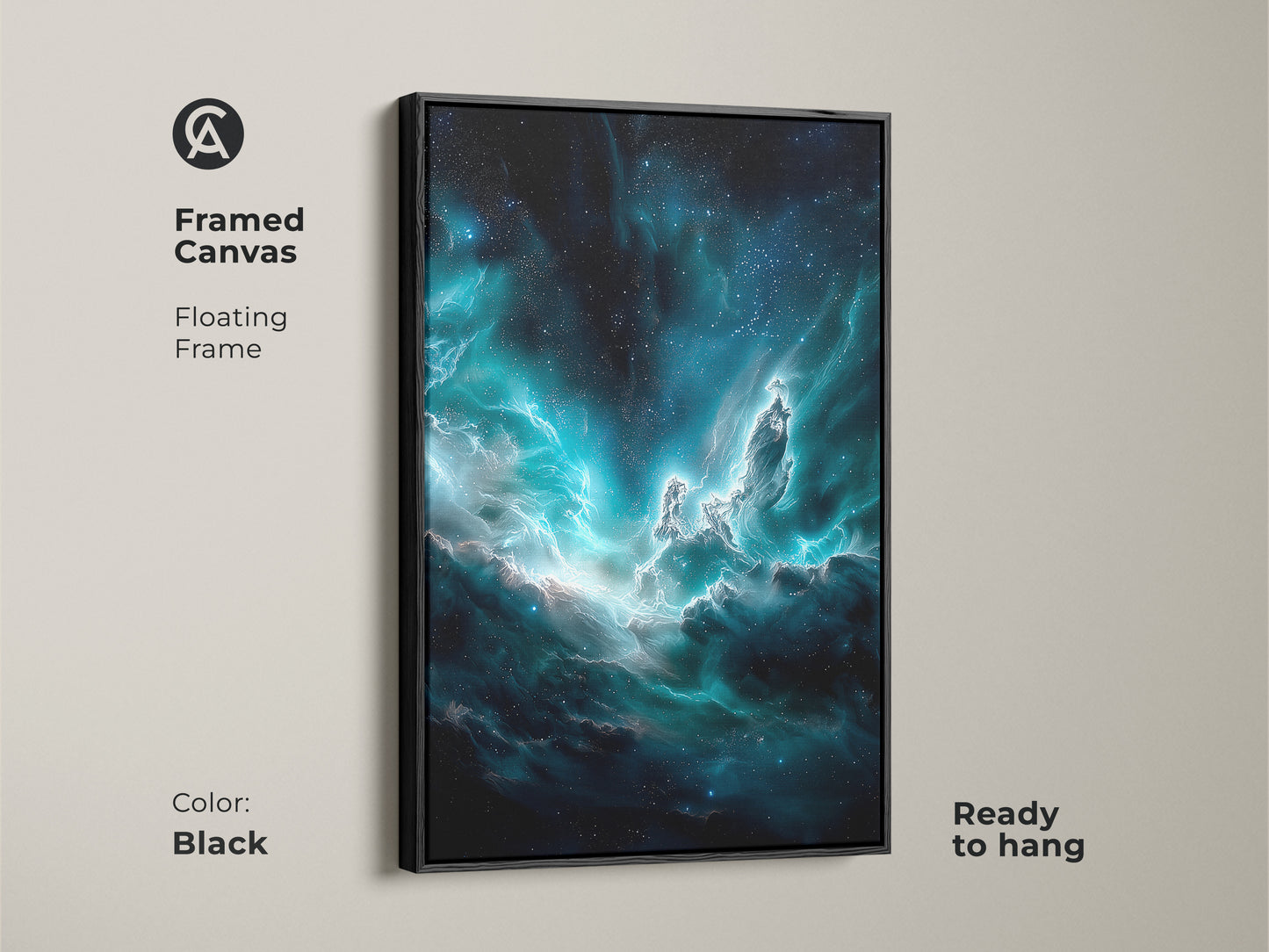 Framed in black this canvas art of a deep blue and teal nebula offers a floating frame effect. This cosmic dust wall decor is ready to hang. Perfect for sci-fi enthusiasts it adds a celestial touch to any space. The artwork creates a surreal ambiance.