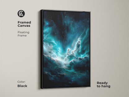 Framed in black this canvas art of a deep blue and teal nebula offers a floating frame effect. This cosmic dust wall decor is ready to hang. Perfect for sci-fi enthusiasts it adds a celestial touch to any space. The artwork creates a surreal ambiance.