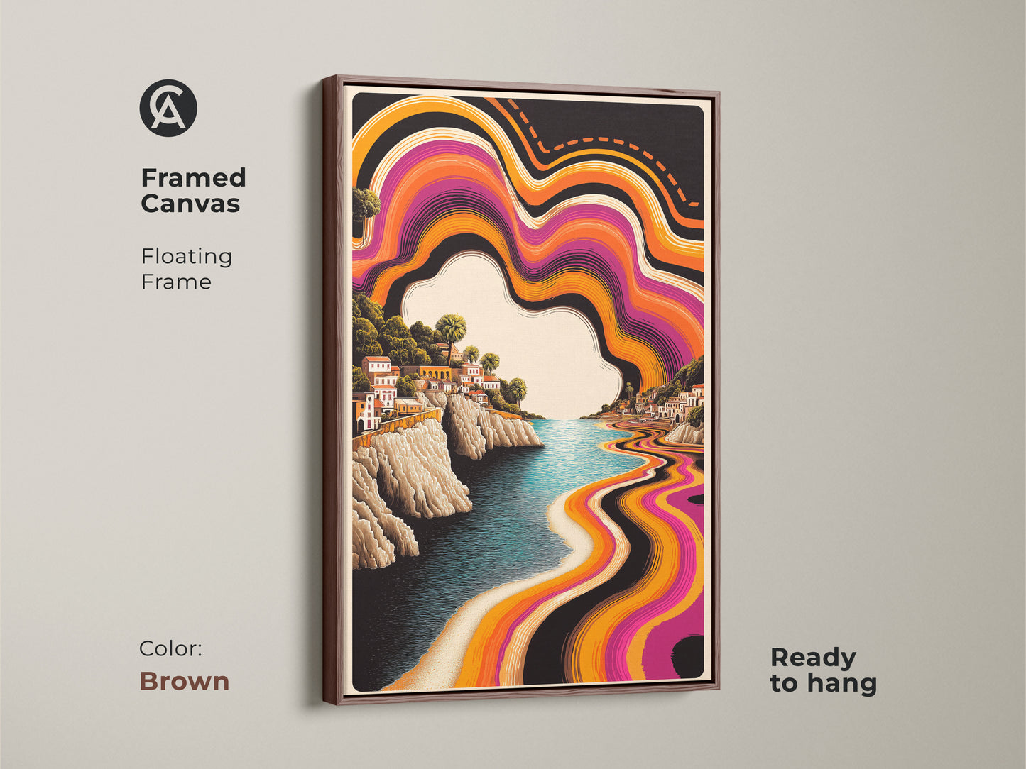Brown Framed Canvas displaying Purple Orange Abstract Waves Artwork a Retro Coastal Town. This Boho Landscape Wall Decor features a Psychedelic Travel scene. The artwork is ready to hang adding coastal vibes to your home decor.