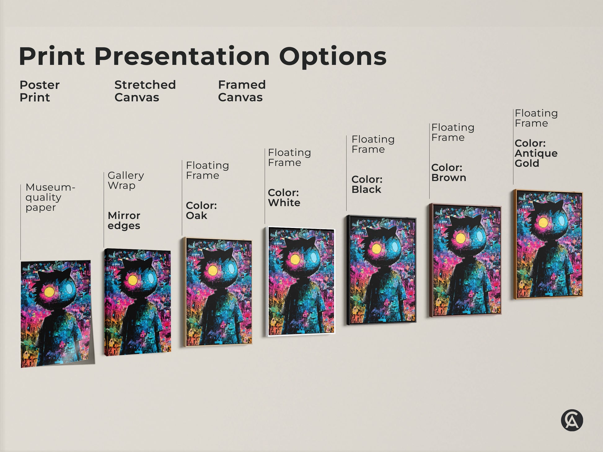 Explore print presentation options with this artwork of a quirky character. Choose from poster print stretched canvas or framed canvas. Floating frames are available in black brown antique gold or white. Decorate your space with unique art.