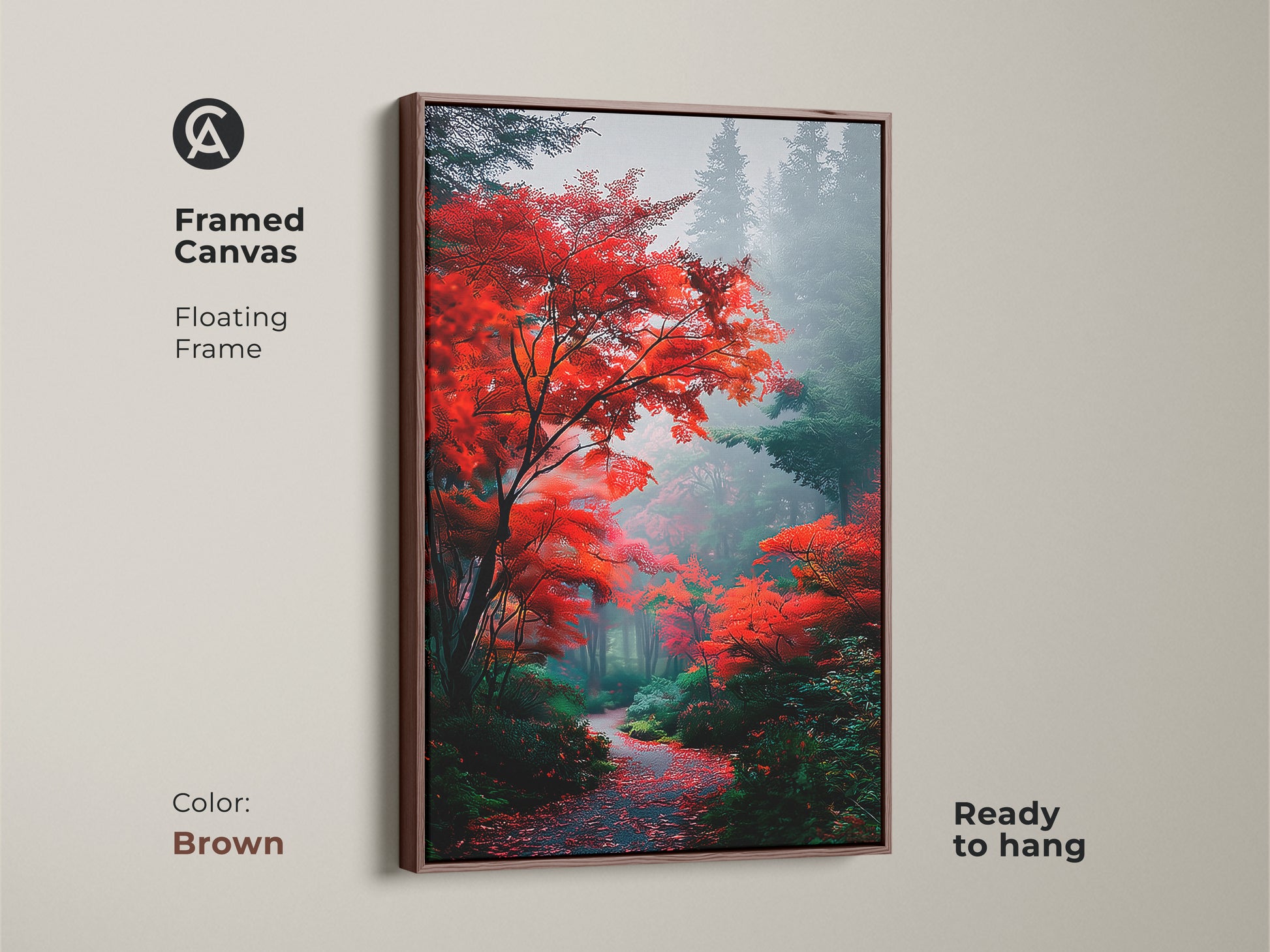 A framed canvas print in a brown floating frame presents a colorful autumn forest. The artwork features red leaves and a misty path. This ready-to-hang piece brings the beauty of nature to your walls. The brown frame adds warmth to the artwork.