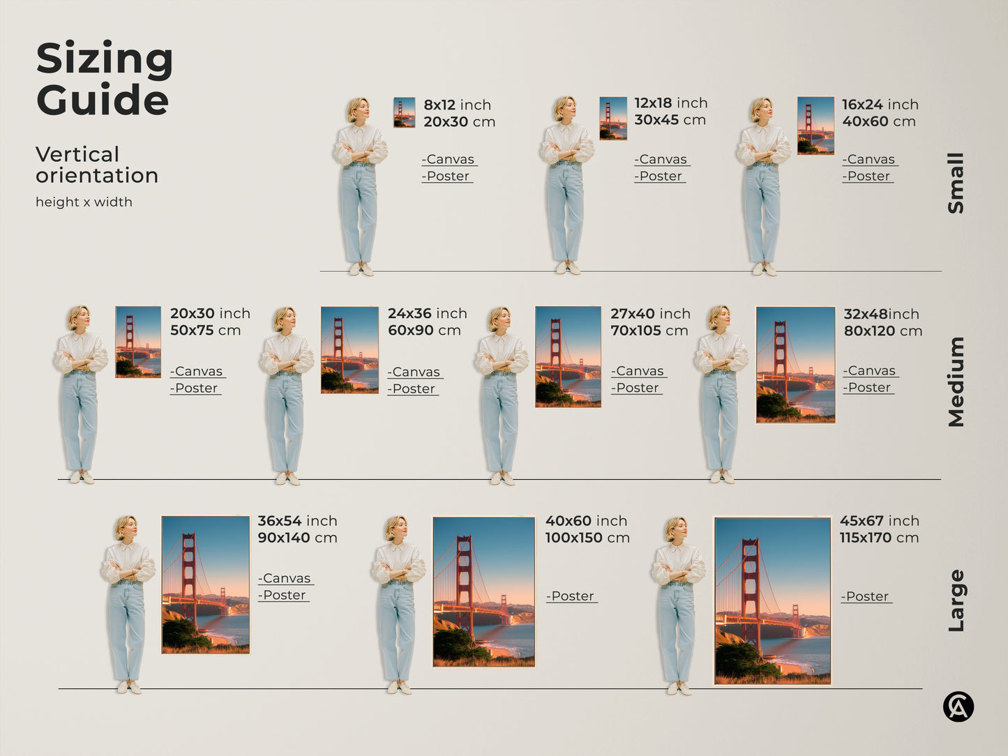 Sizing guide for Golden Gate Bridge canvas and poster art. Vertical orientation examples show various sizes. Find the perfect San Francisco cityscape print for your space. Coastal ocean view artwork adds a travel touch to any room.