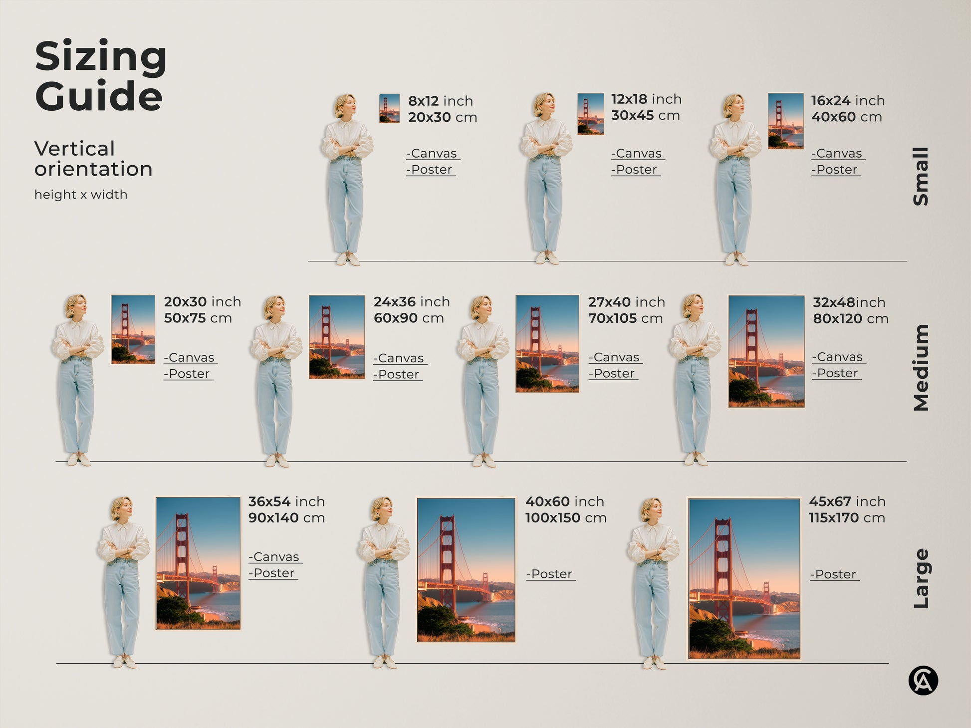 Sizing guide for Golden Gate Bridge canvas and poster art. Vertical orientation examples show various sizes. Find the perfect San Francisco cityscape print for your space. Coastal ocean view artwork adds a travel touch to any room.