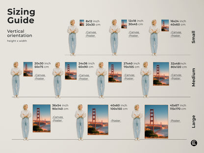 Sizing guide for Golden Gate Bridge canvas and poster art. Vertical orientation examples show various sizes. Find the perfect San Francisco cityscape print for your space. Coastal ocean view artwork adds a travel touch to any room.