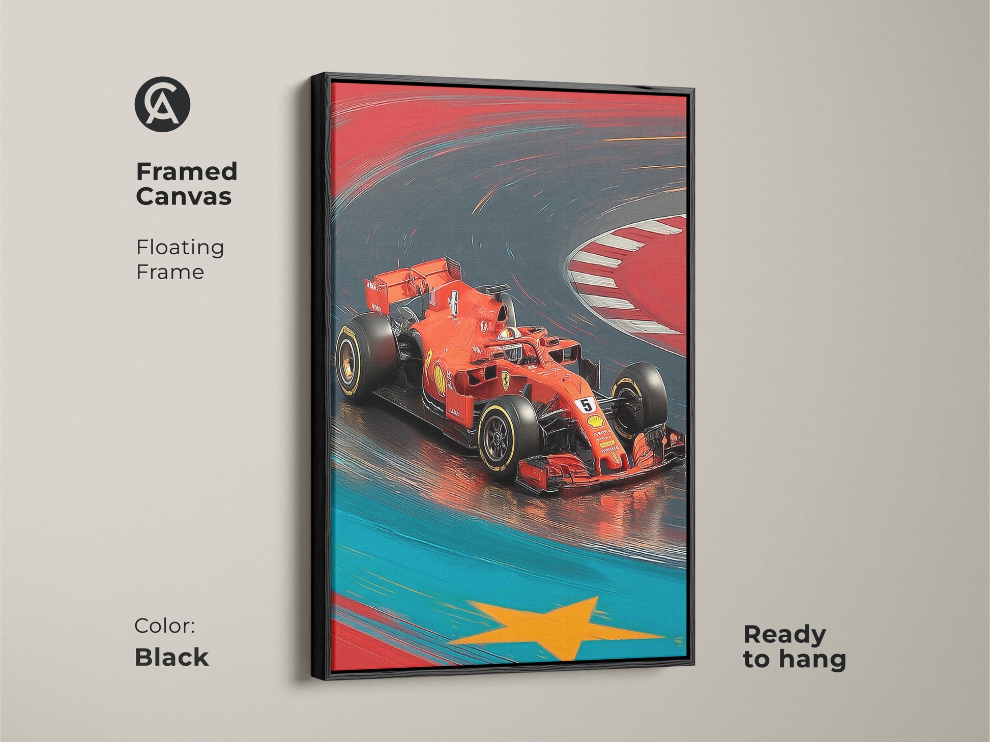 Framed canvas art of a red F1 car with a floating black frame. Ready to hang in any office workspace. This illustrative car art makes for cool garage art. A perfect contemporary home decor or a collectible automotive piece.