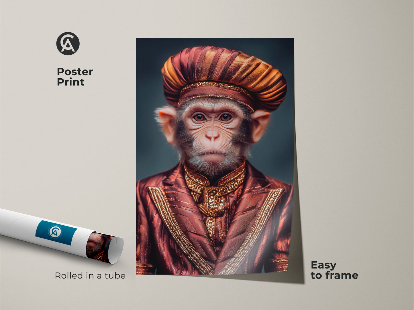 A regal monkey art print is shown as a poster print. This surreal portrait features a monkey in an ornate red and gold suit with a turban. The print arrives rolled in a tube easy to frame. Perfect bohemian style wall art. It is a unique fine art print and a unique gift idea.